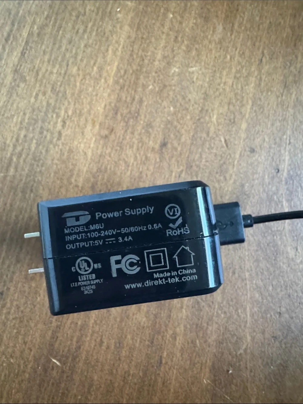 Black USB Power Adapter Charger with Cable